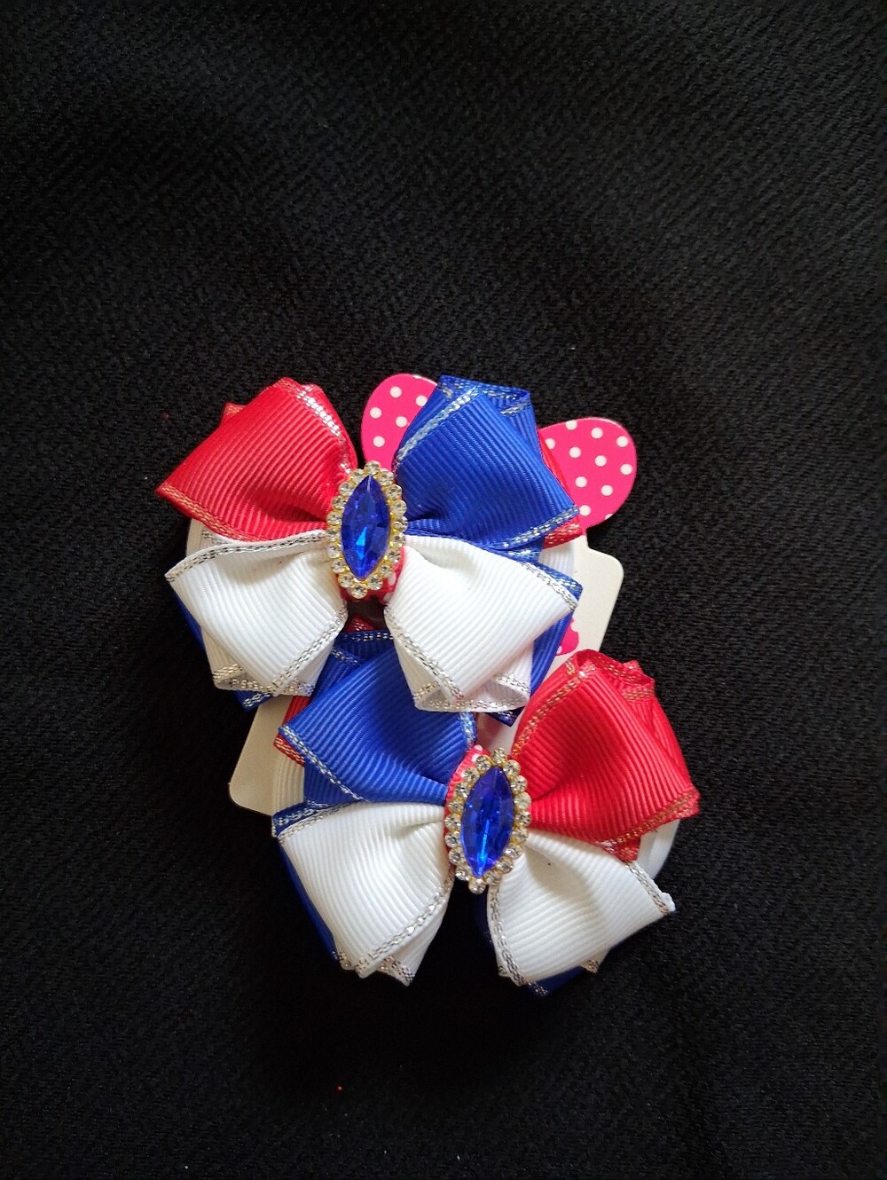 Patriotic Red, White & Blue Kids Hair Bows with Rhinestone Center